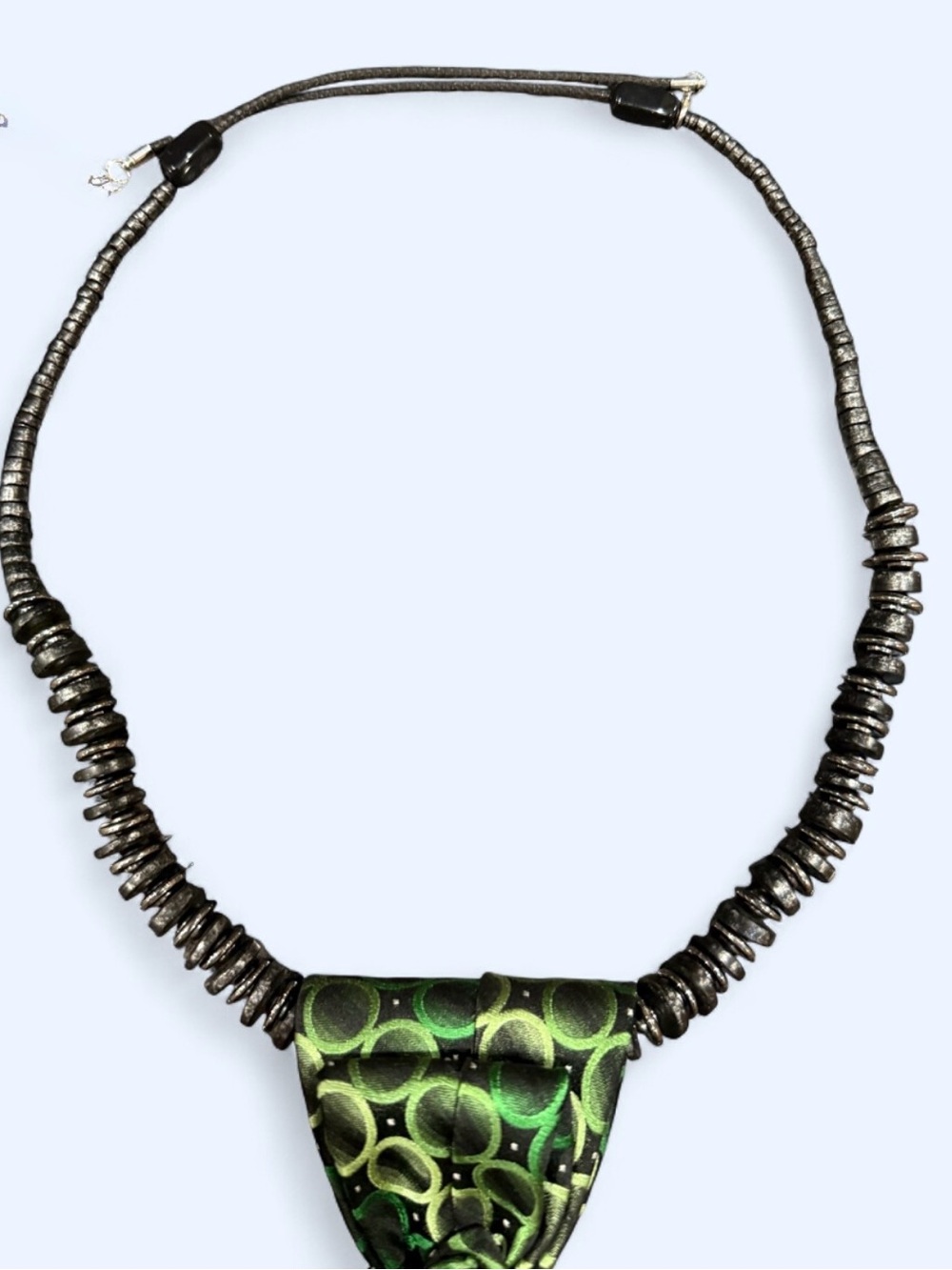 Handcrafted Green Silk Necktie Necklace Halloween Dark Academia Statement Jewel - Picture 8 of 14